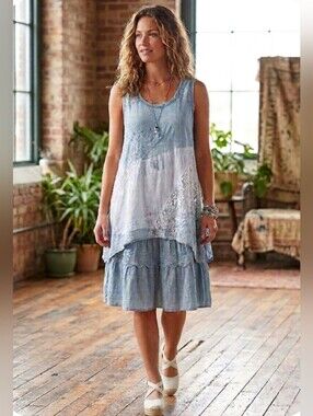 VASNA Made In Italy Blue White Laced Tie-Dye Layered Sleeveless Tunic Dress.M